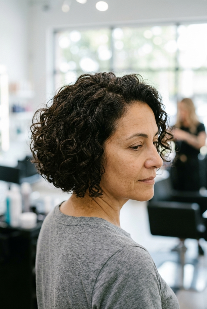 Woman with curly bob haircut showing natural volume