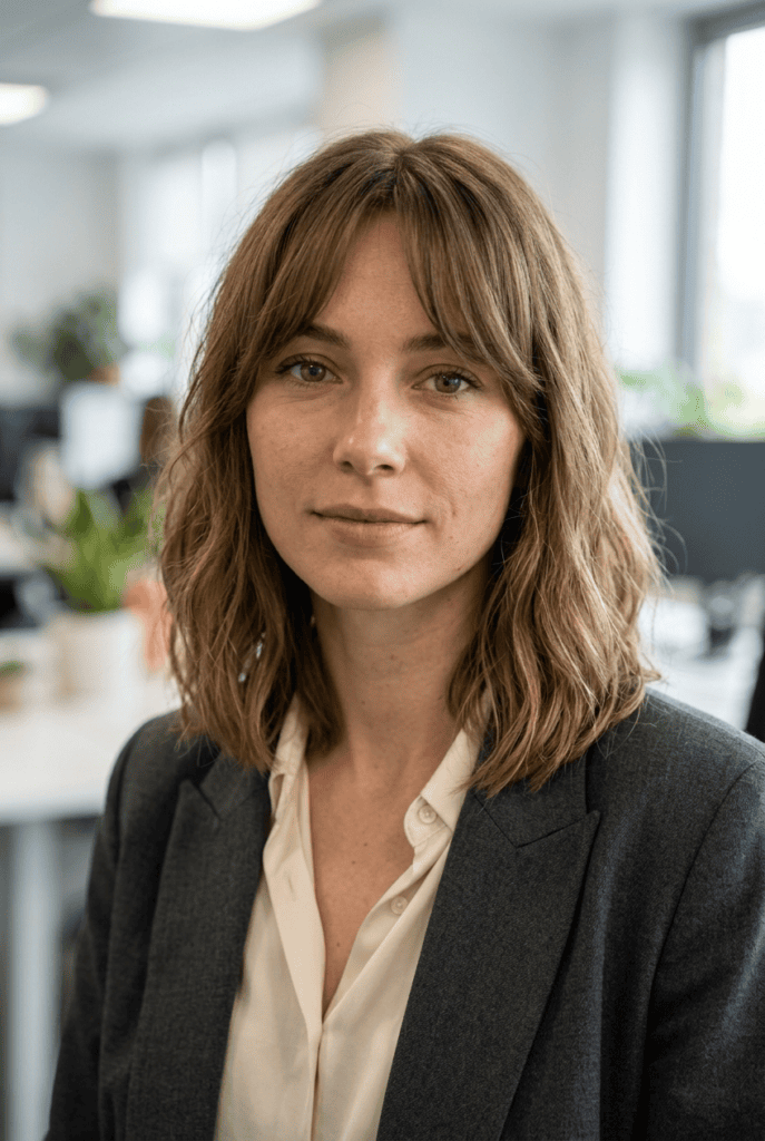 Woman with curtain bangs lob haircut framing her face