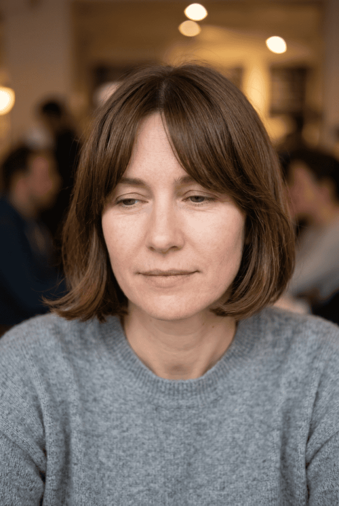 Short haircut with curtain bangs framing the eyes