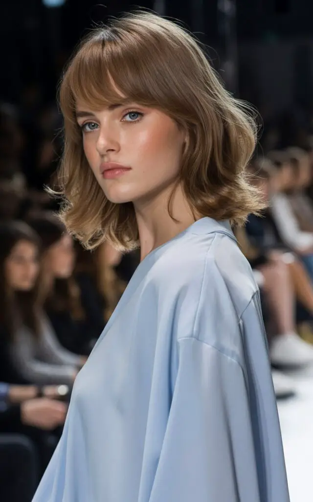 Curtain Bangs with Shoulder-Length Cut that sweep and frame face to draw attention to eyes for youthful awake look