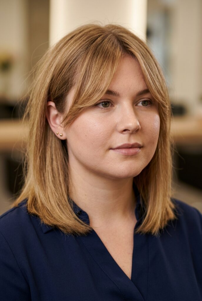 Curtain bang lob haircut on a round face