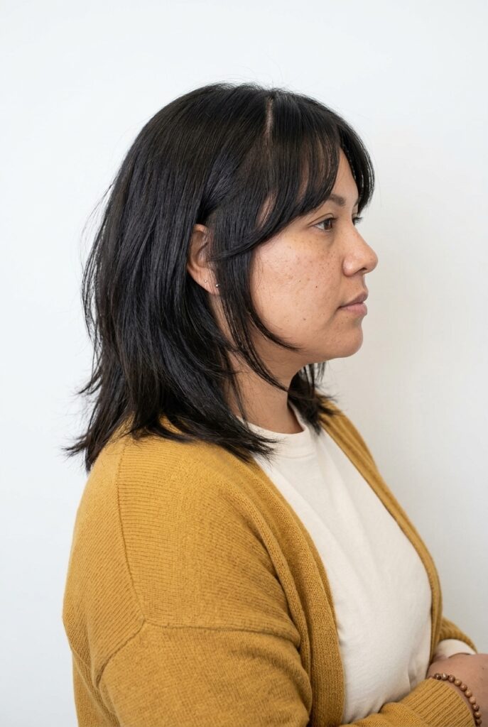 Curtain bangs with face-framing layers on a round or full face