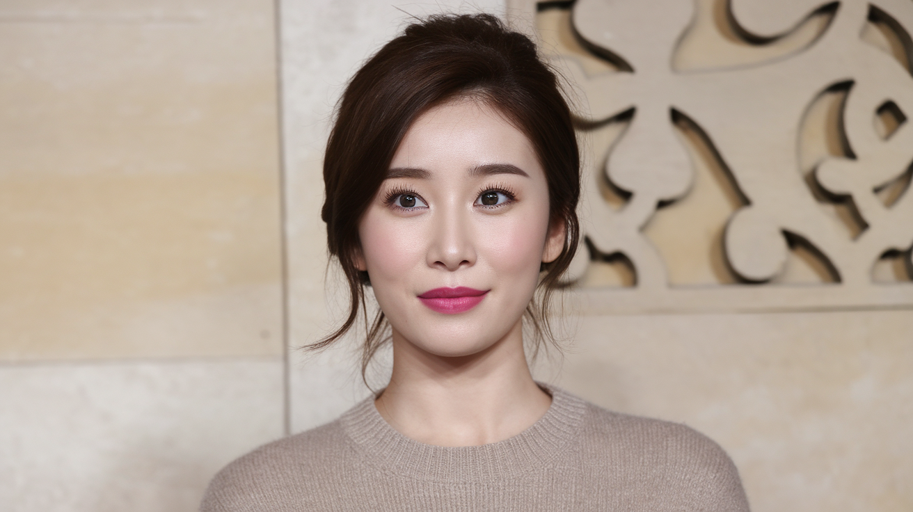 A medium shot of a Korean woman with dark brown hair wearing a beige sweater. She has on dark brown eyes and wears pink lipstick. The background is a beige wall with a decorative pattern.