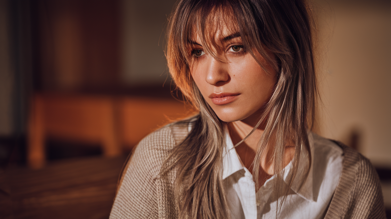 A photo of a woman with long, layered, straight hair. She has brown eyes and is wearing a white shirt and a beige cardigan. The lighting is warm, casting a soft glow on her face. The background is blurred and consists of a room with wooden furniture.