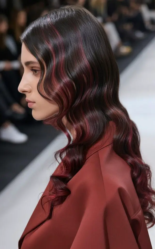 Dark Brown and Burgundy highlights with rich sophisticated nearly black base and burgundy peekaboo dimension