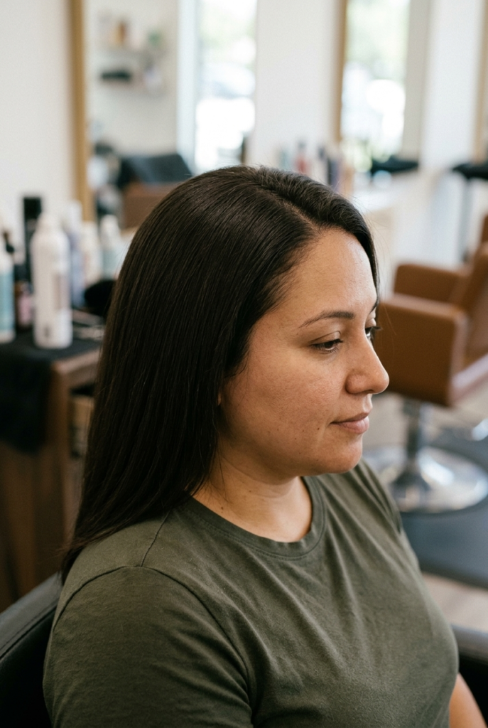 Deep Espresso Brown Deep espresso brown hair color on a woman with a round face