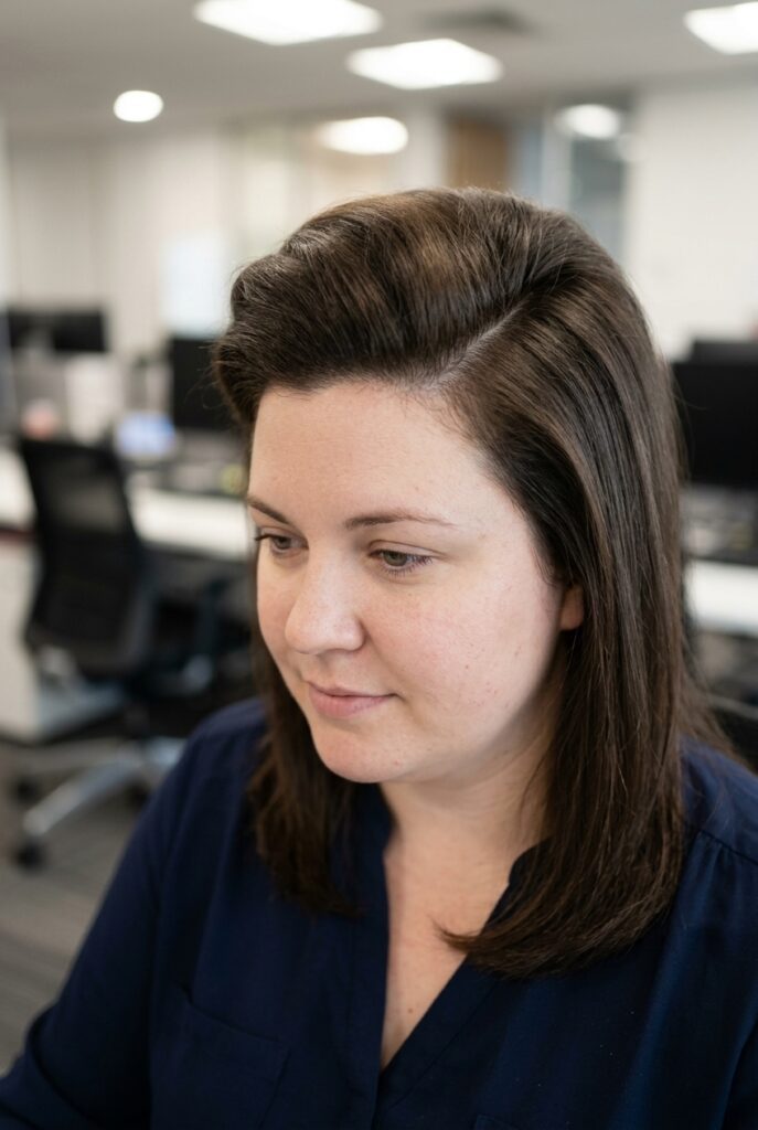 Deep side part blowout with crown volume for round face