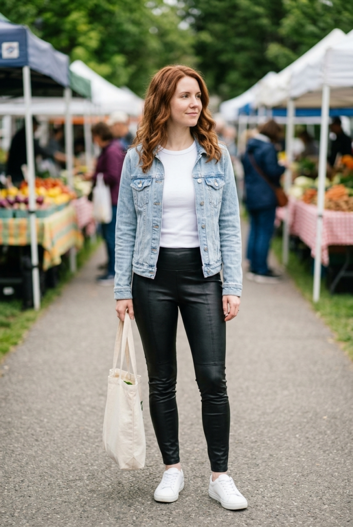 Denim Jacket and Sneakers Woman wearing a denim jacket with leather leggings and white sneakers