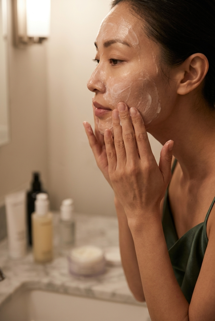 Double Cleanse at Night (Even If You Don't Wear Makeup) Woman double cleansing her face at a bathroom sink at night wearing a satin slip dress