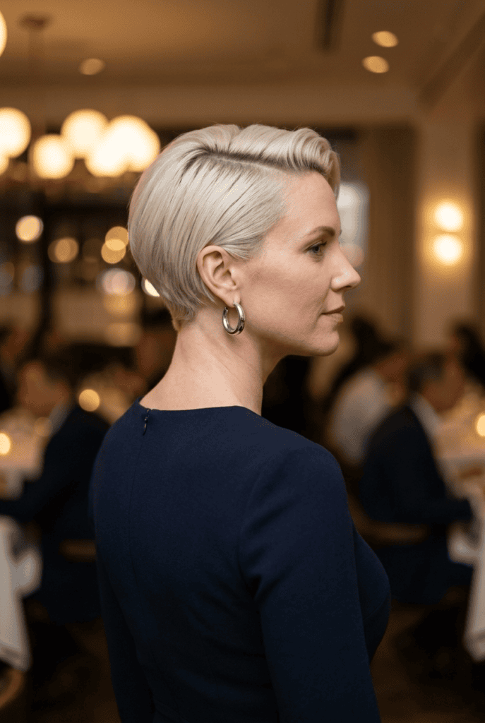Dressing It Up for Evening Woman with French pixie styled with deep side part and statement earrings for evening
