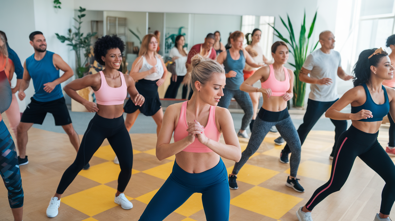 A Zumba group workout in progress, with a diverse group of people dancing together. The instructor is at the front, leading the dance moves. The background is a brightly lit room with a few plants and a wall mirror. The participants are wearing athletic wear in various colors. The floor is marked with a yellow diamond pattern.