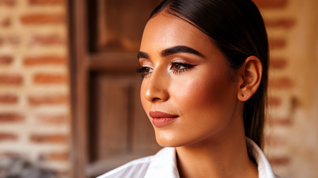 A closeup, side profile photo of a Dominican woman with makeup in warm lighting. She has dark hair and is wearing a white shirt. The background is blurred and consists of a brick wall with a wooden door.