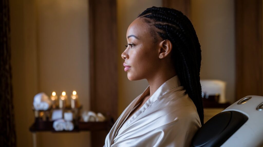 East African woman with dark coils wearing a silk wrap in a luxury spa treatment room.