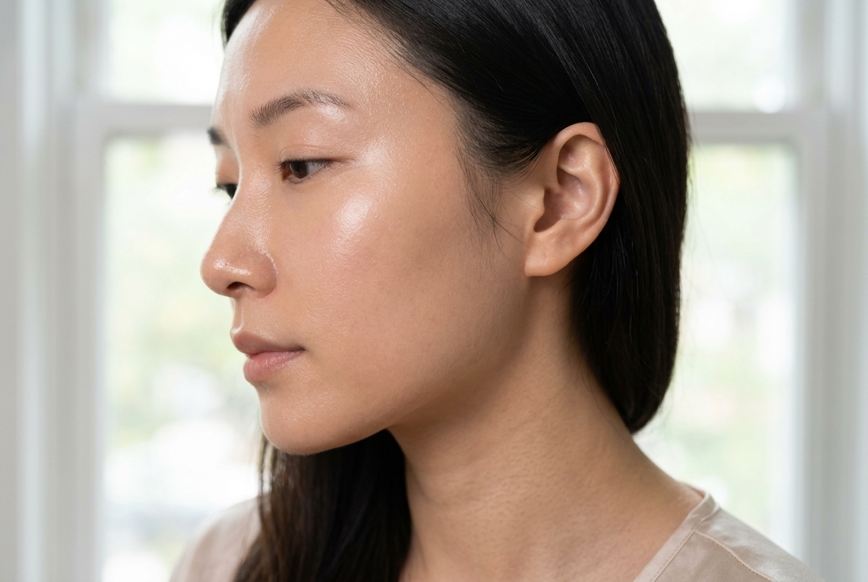 East Asian woman in her 30s with healthy natural glowing skin