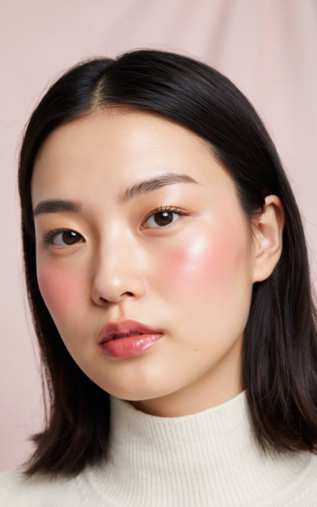 East Asian teen girl with strawberry girl makeup, flushed cream blush and berry lip gloss