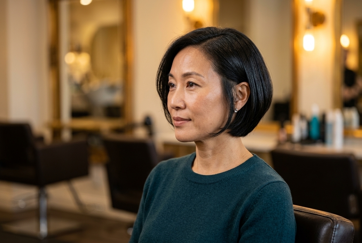 East Asian woman in her late 40s with a youthful ear-length bob haircut sitting in a salon chair