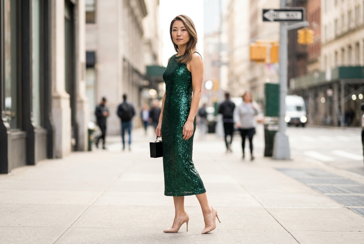 East Asian woman wearing an emerald sequin column midi dress on a city sidewalk