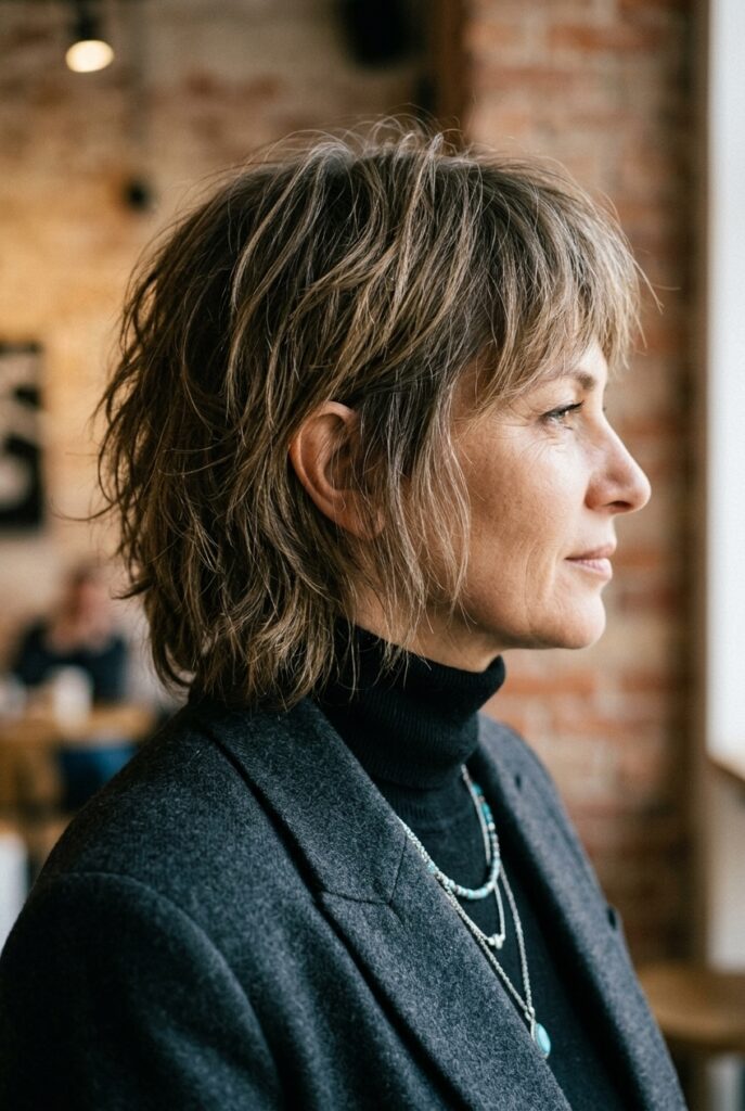 Eastern European female model in her late 40s with a shaggy ear-grazing haircut with choppy textured layers