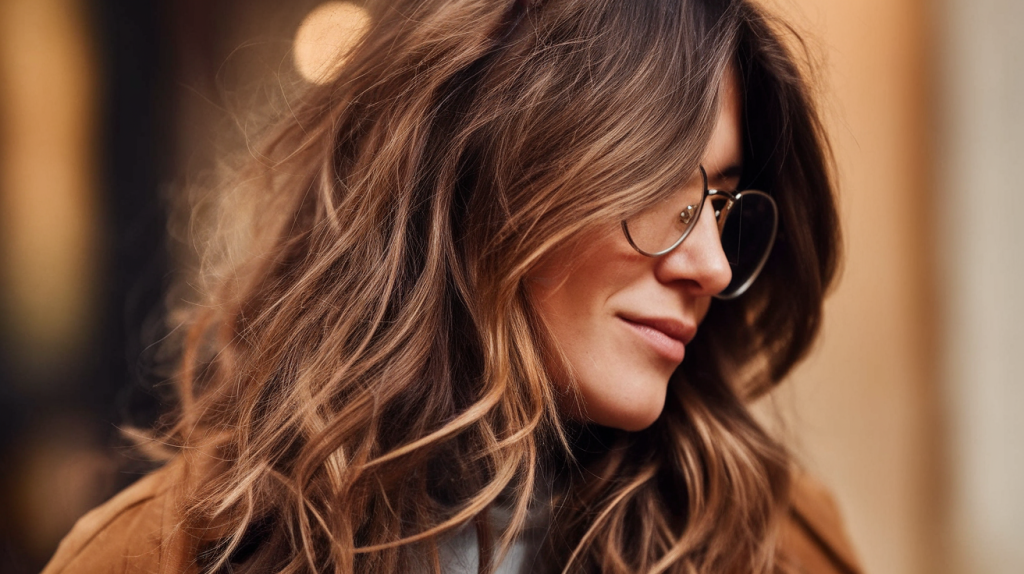 A photo of a Belgian woman with a wavy long haircut and long layers with face-framing pieces. She has brown hair and is wearing glasses. The photo is taken in a side profile view, with a close-up focus on her hair. The background is blurred. The lighting is warm.