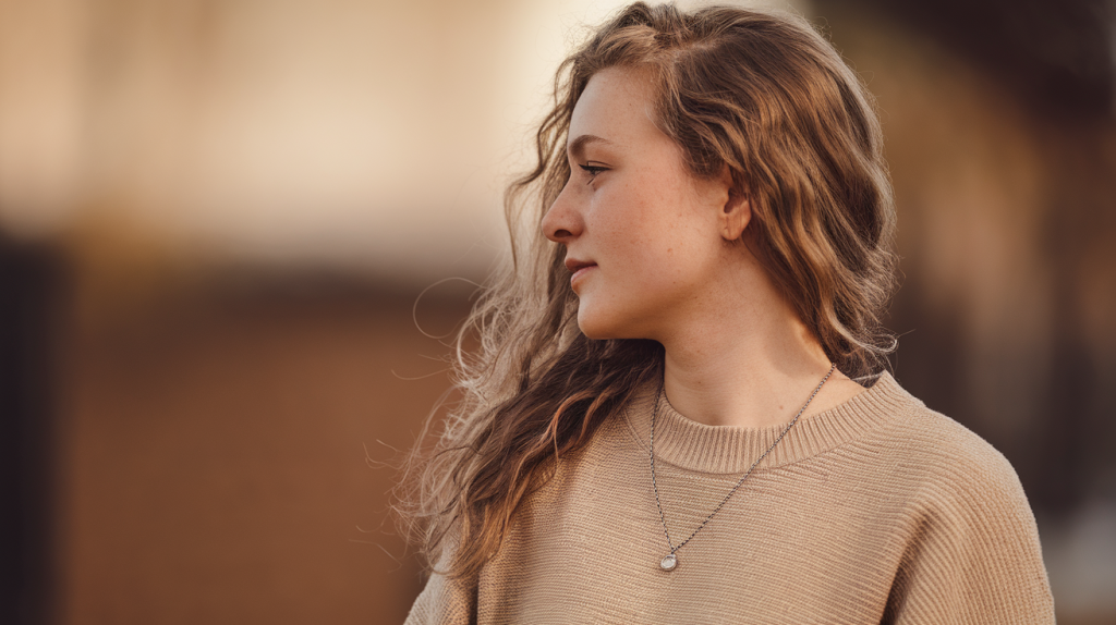 A side profile photo of a Belarusian woman with wavy long hair. She is wearing a beige sweater and a necklace. The background is blurred. The lighting is warm.