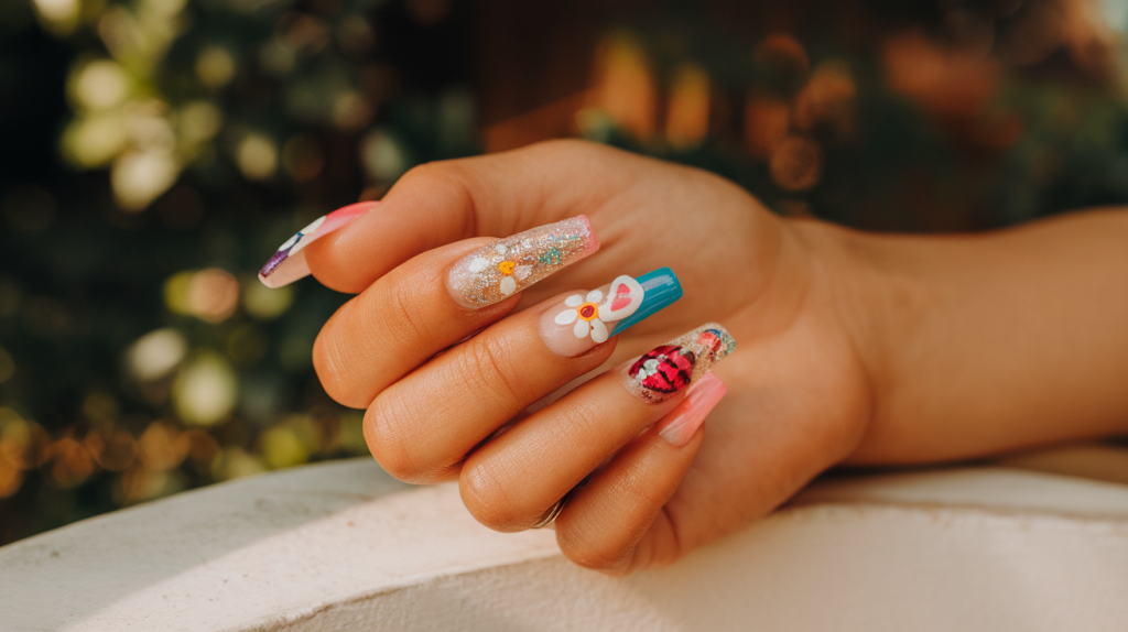 A close-up, side profile photo of a hand with long, colorful nails. The nails are adorned with various designs, including flowers, hearts, and glitter. The hand is placed on a white surface. The background is blurred and contains greenery. The lighting is warm.