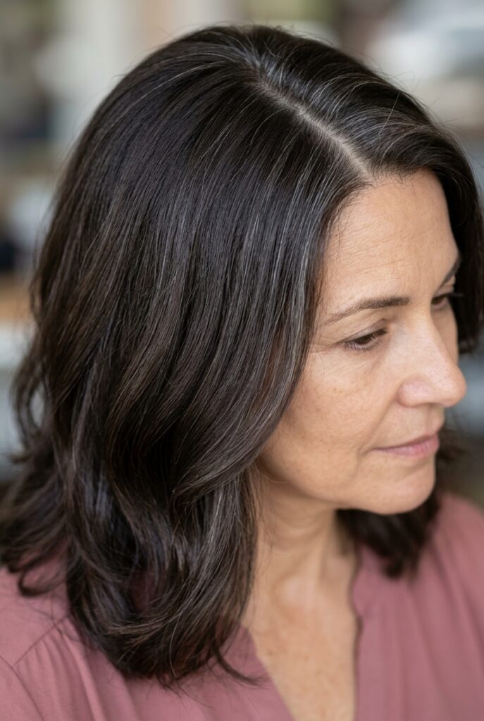 Espresso brown hair with delicate pewter gray blending