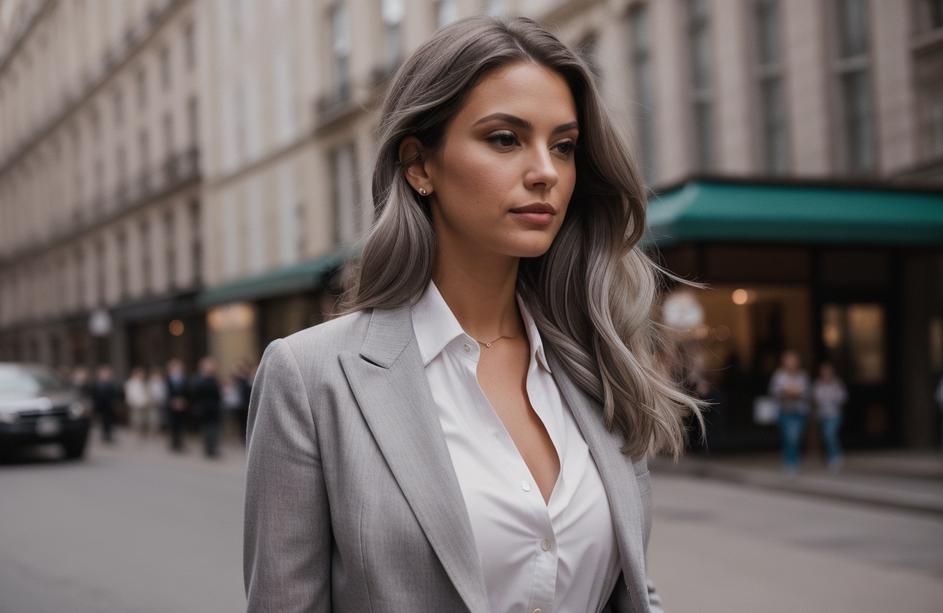 Estonian woman with long gray hair blend white shirt gray blazer