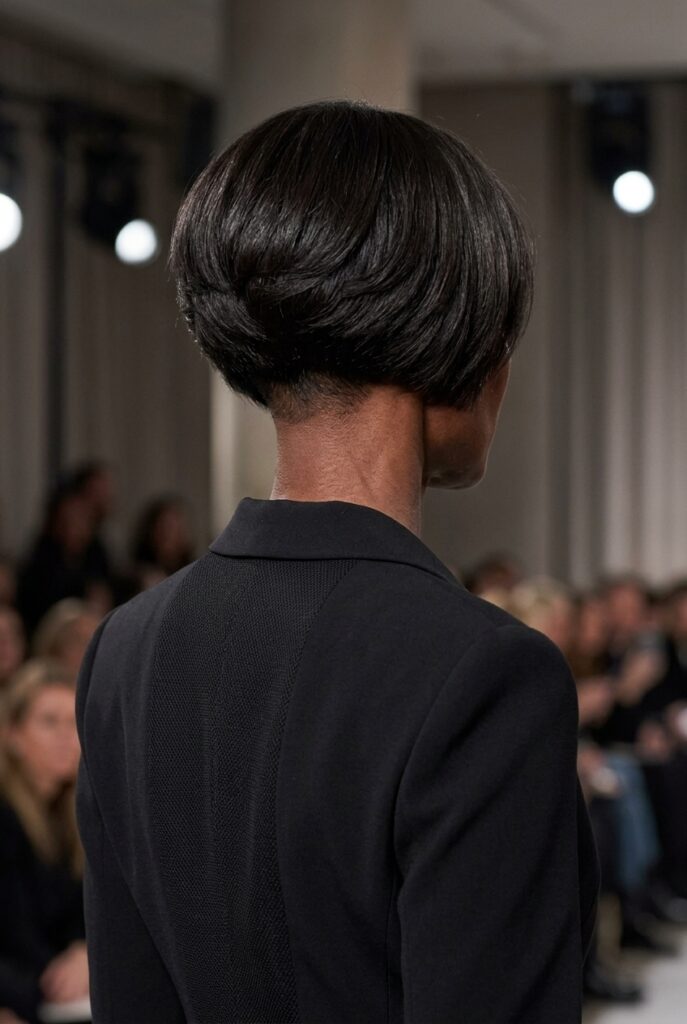 Ethiopian fashion parade female model over 40 with a shaved nape stacked bob hairstyle