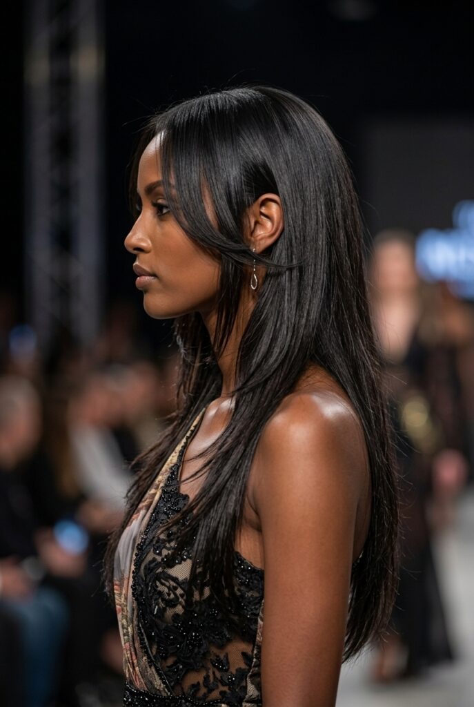 Ethiopian fashion parade female model with a butterfly cut and long layers for thin straight hair