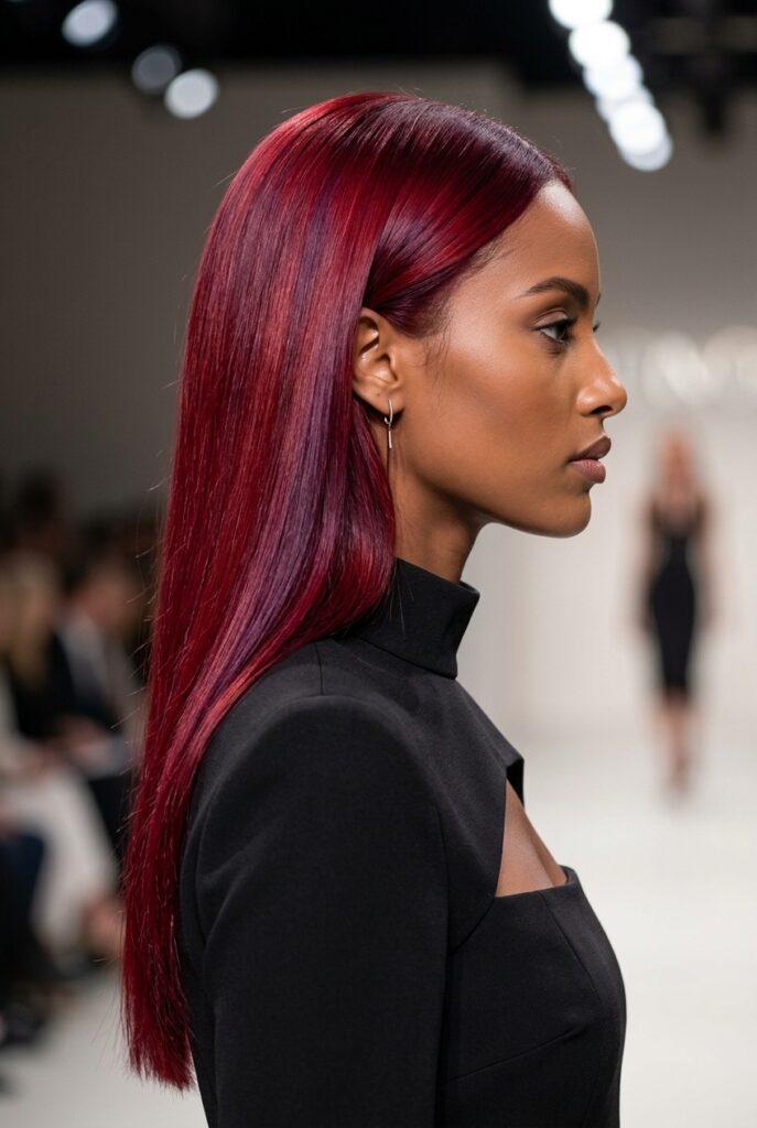 Ethiopian fashion parade female model with bold vivid deep red hair dye with purple undertones
