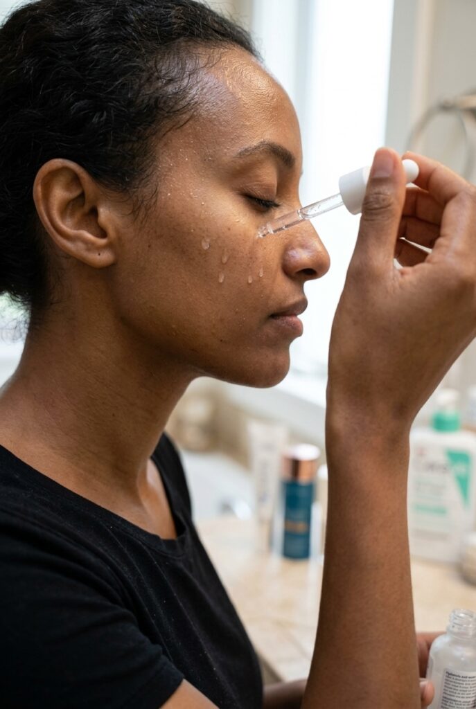 Ethiopian woman in her 30s applying hyaluronic acid serum to her face for deep hydration