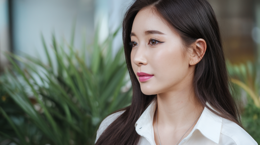 A side profile photo of a Korean woman with makeup. She has long black hair and is wearing a white shirt and a necklace. Her eyes are lined and she has pink lips. The background is blurred and consists of green plants.