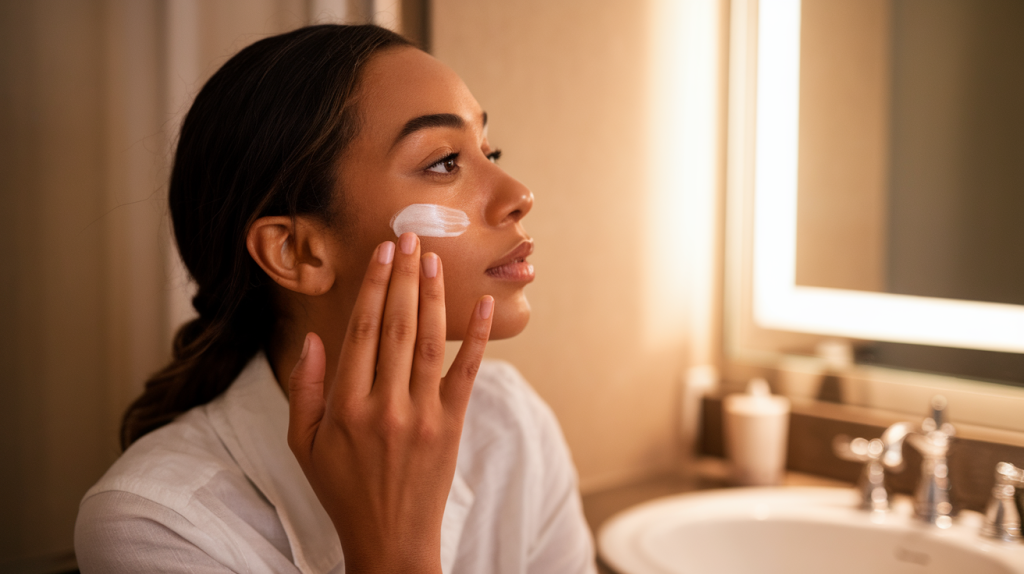 A side profile photo of an American woman with warm lighting. She is applying skincare products as part of her anti-aging nighttime routine. The skincare products include a serum, eye cream, and moisturizer. The background is a bathroom with a sink and a mirror. The woman is wearing a white shirt and has her hair tied up.