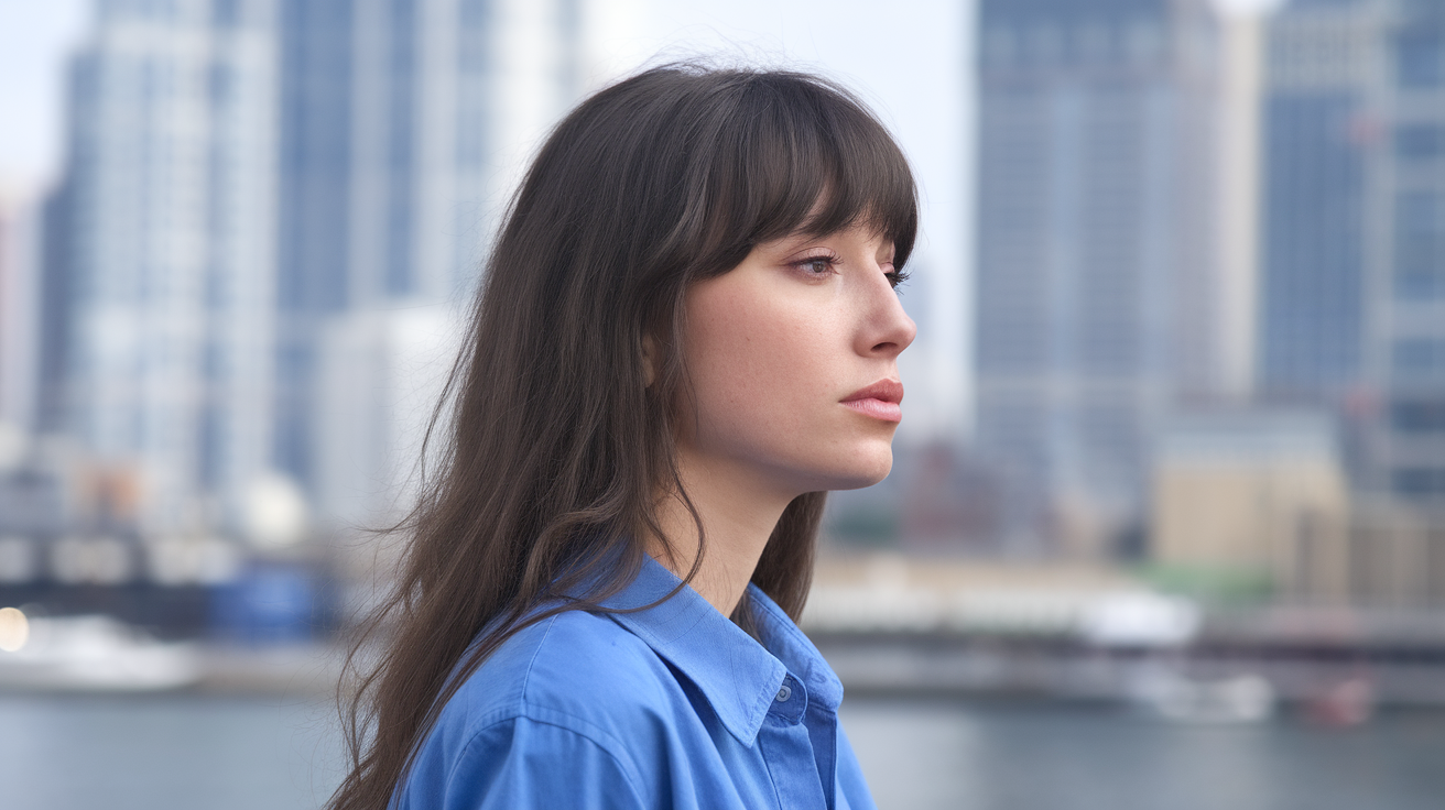 A serene side profile photo of a woman with long hair and bangs. She has dark brown hair and is wearing a blue shirt