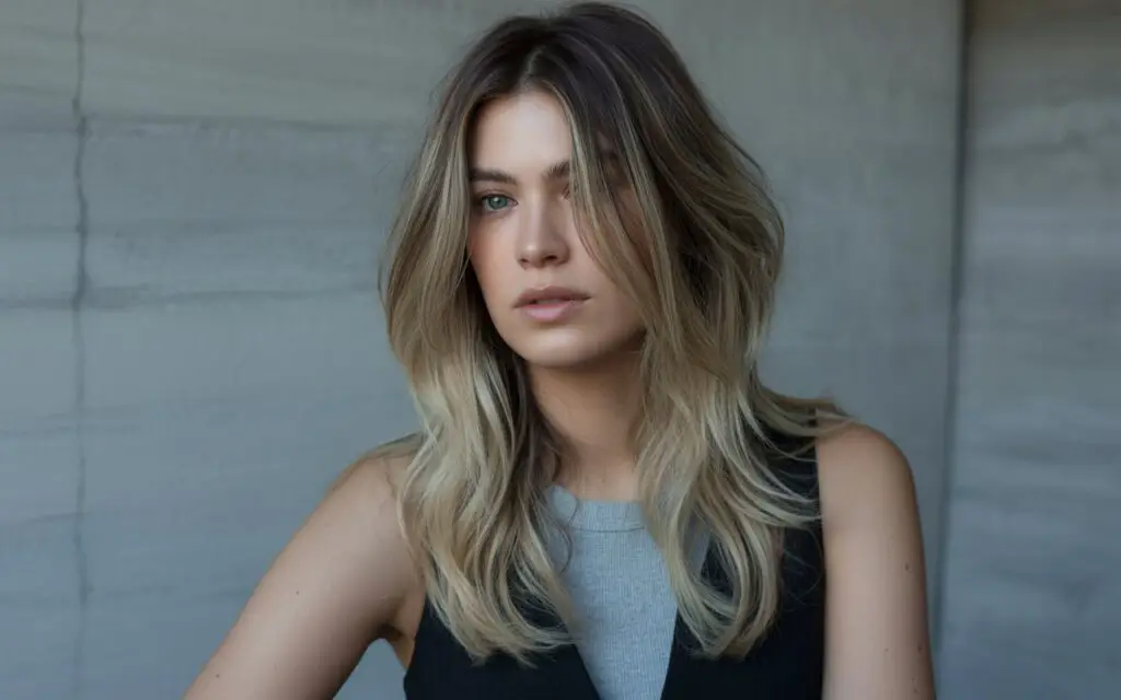 Professional female fashion model with modern haircut and long layers