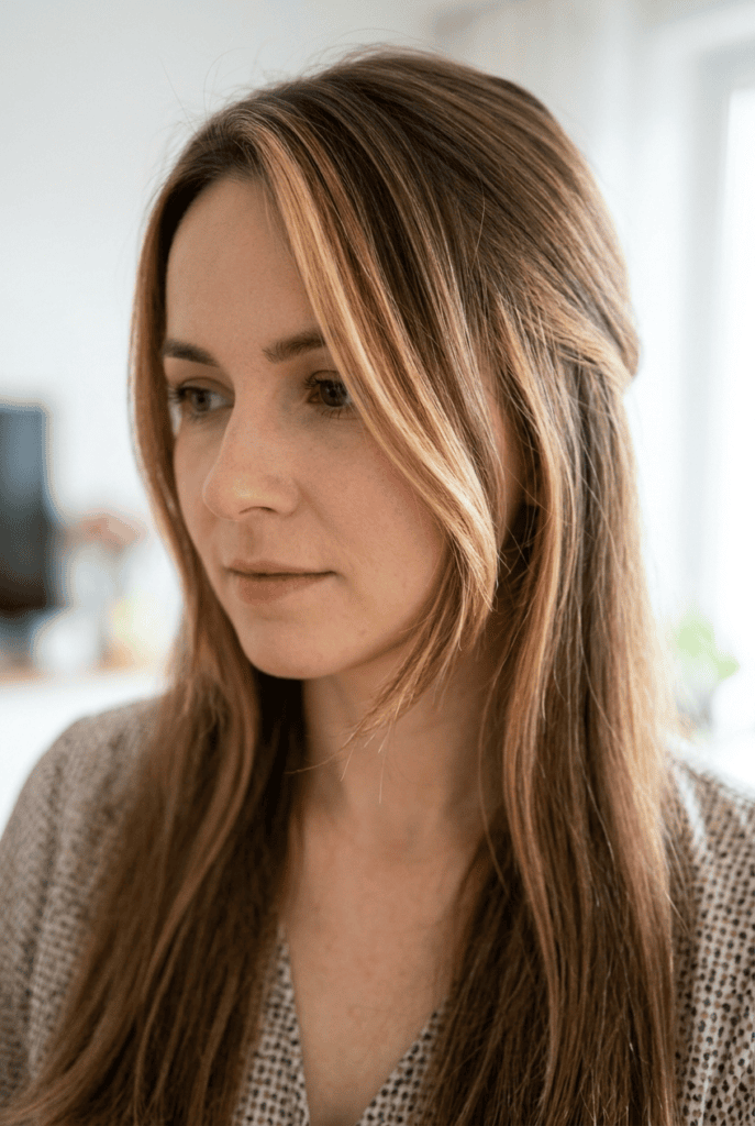 Face-Framing Highlights Asymmetrical face framing highlights along cheeks and jaw