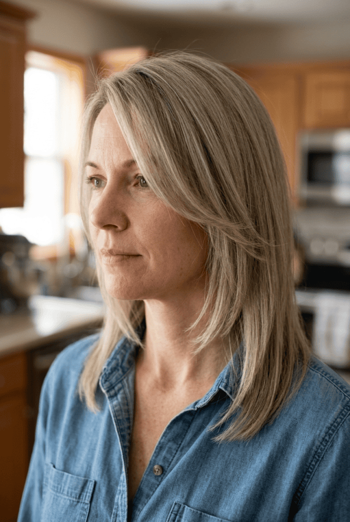 Woman with a face framing layered bob haircut around the chin