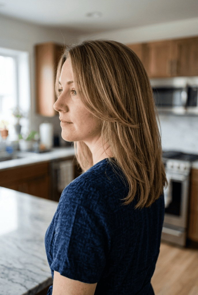 Woman with medium length hair and face framing layers