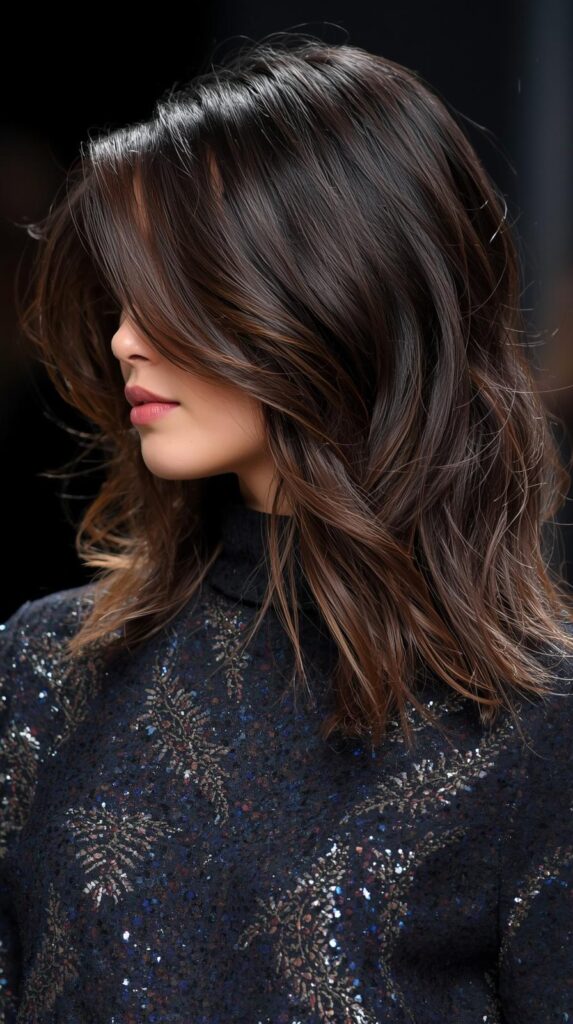 Fashion parade female model, medium length shag haircut in a half-up style with loose choppy layers, side profile photo
