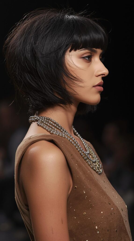 Fashion parade female model, medium length shag haircut restyled with dry shampoo volume and texture, side profile photo