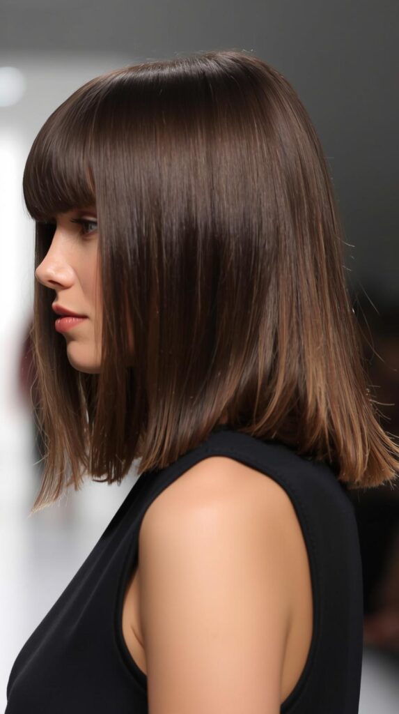 Fashion parade female model, medium length shag haircut straightened sleek and smooth, side profile photo