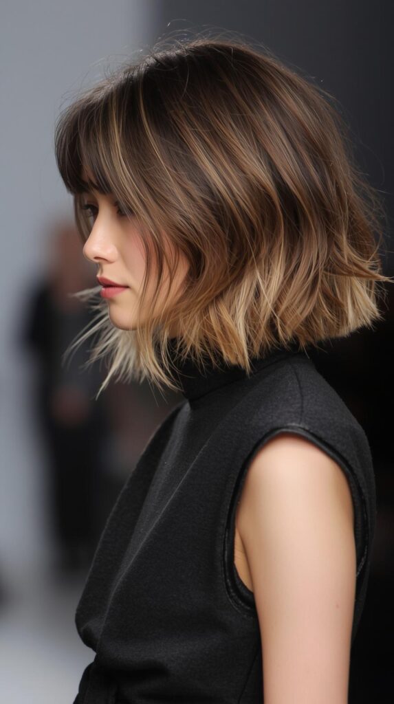 Fashion parade female model, medium length shag haircut with balayage highlights, side profile photo