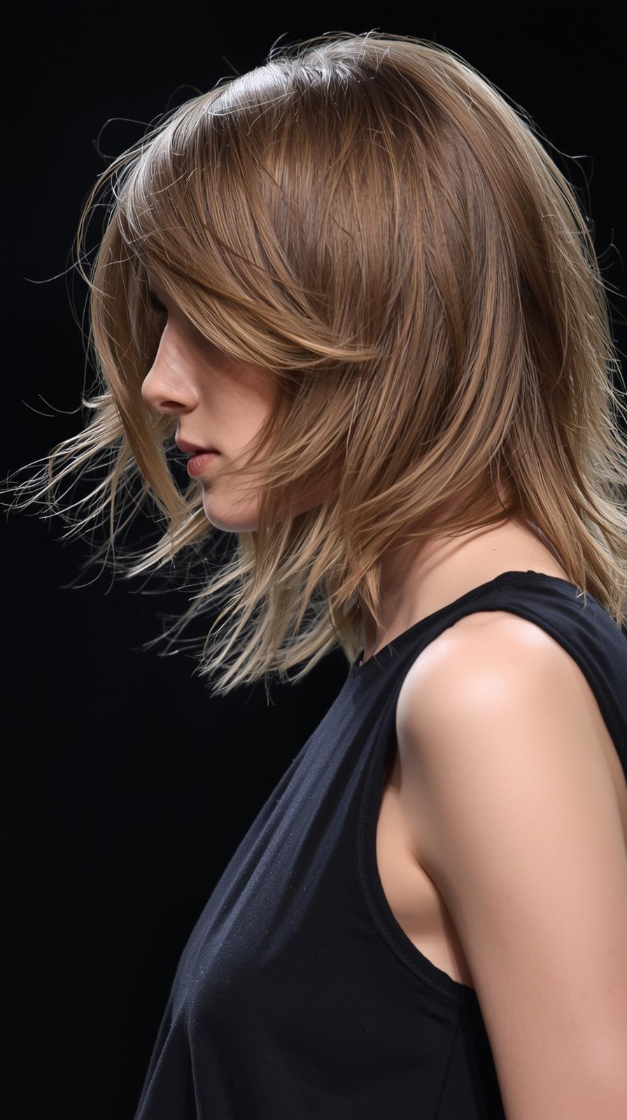Fashion parade female model, medium length shag haircut with choppy layers and face-framing pieces, side profile photo