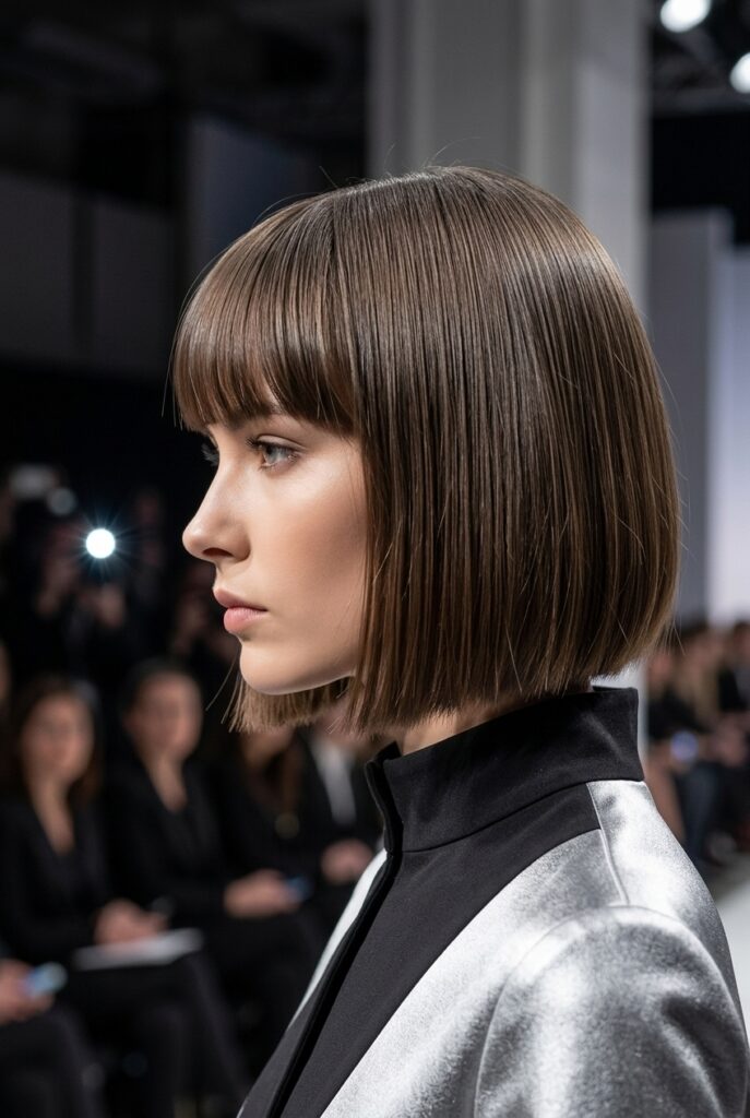 Fashion parade female model with a French bob haircut for thin straight hair