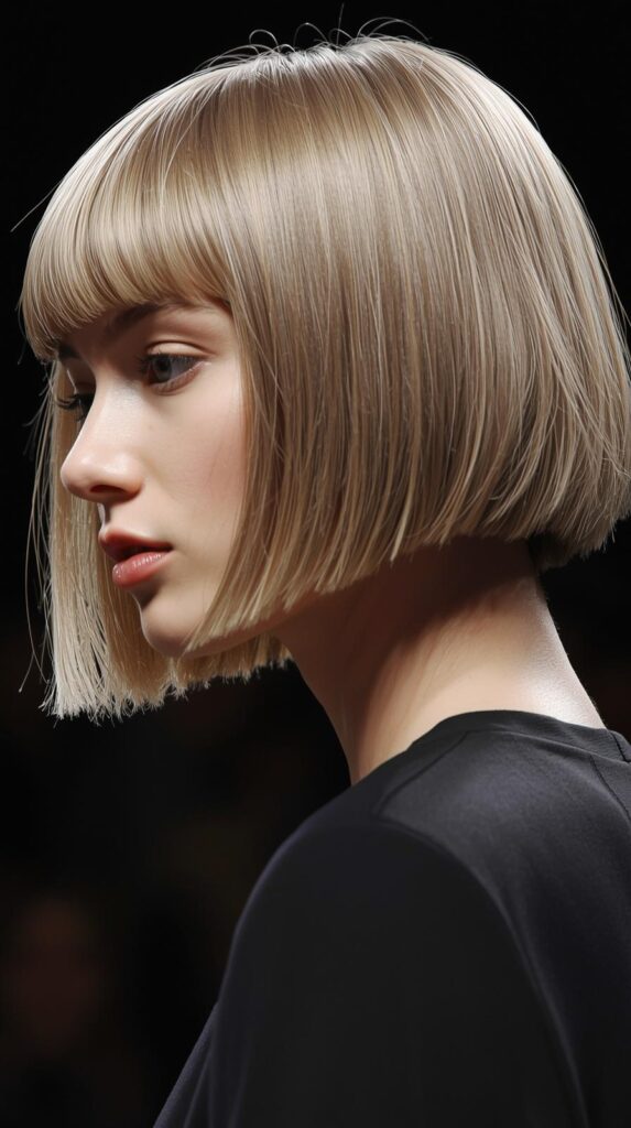 Fashion parade female model with a blunt bob haircut for thin straight hair