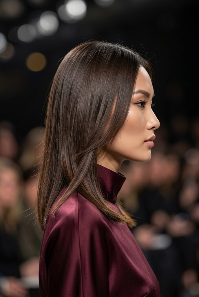 Fashion parade female model with a collarbone cut and side-swept layers for thin straight hair
