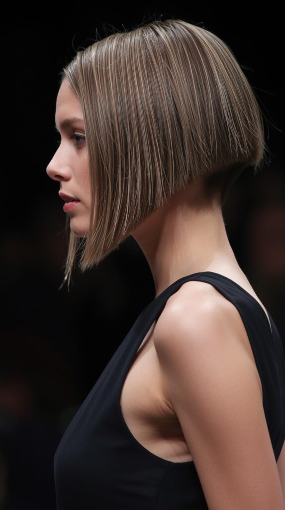 Fashion parade female model with a graduated bob haircut for thin straight hair