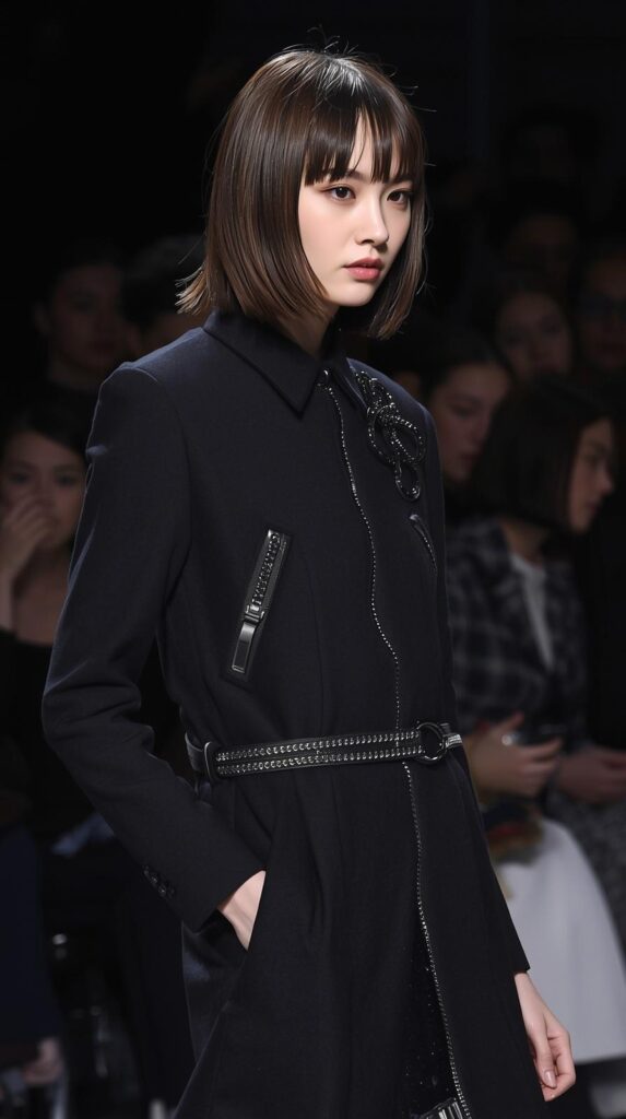 Fashion parade female model with a layered lob haircut for thin straight hair