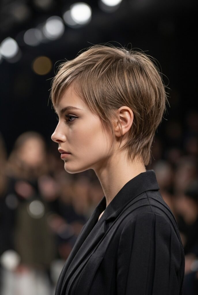 Fashion parade female model with a wispy pixie cut for thin straight hair