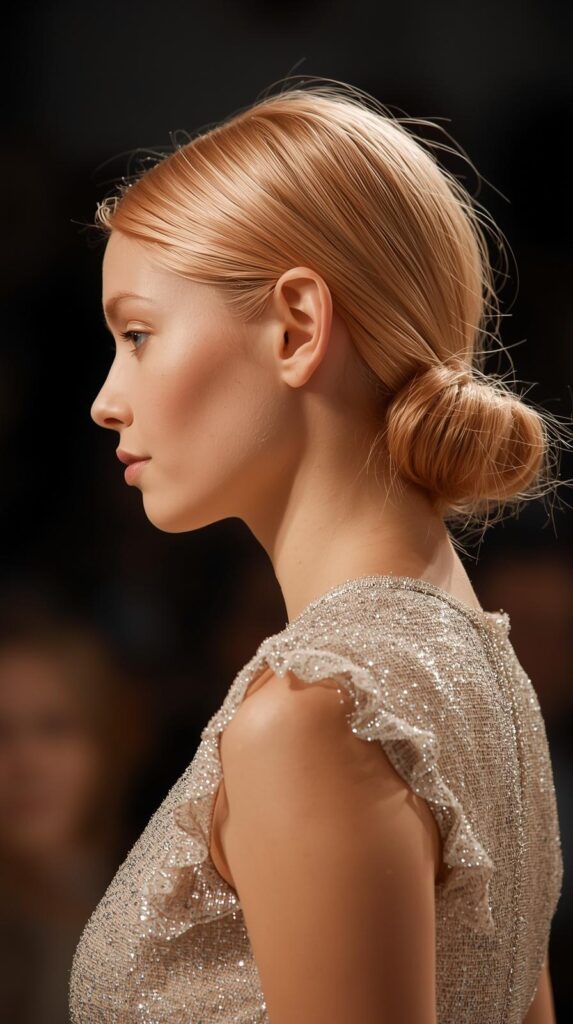 Fashion parade female model with bright peach-copper light blonde hair